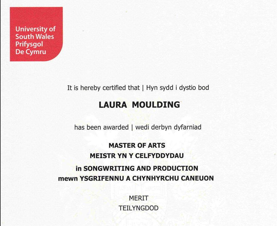 A photo of my Masters degree certificate